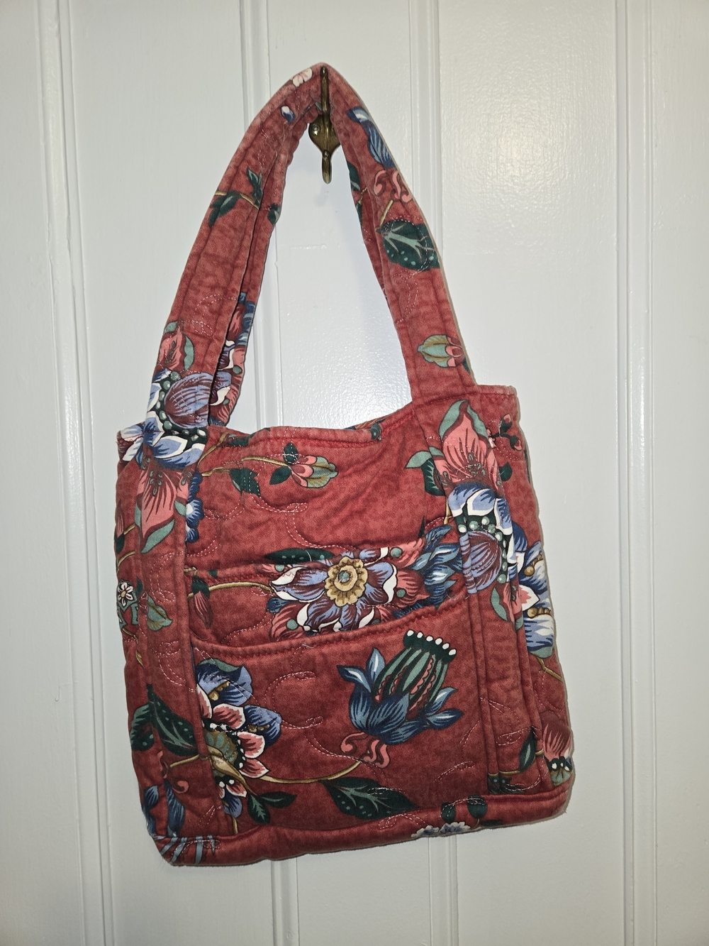 Quilted Floral Tote Bag in Rust Red